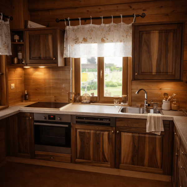 Kuhinja z lesenimi omaricami in modernimi aparati, ob oknu z zaveso.