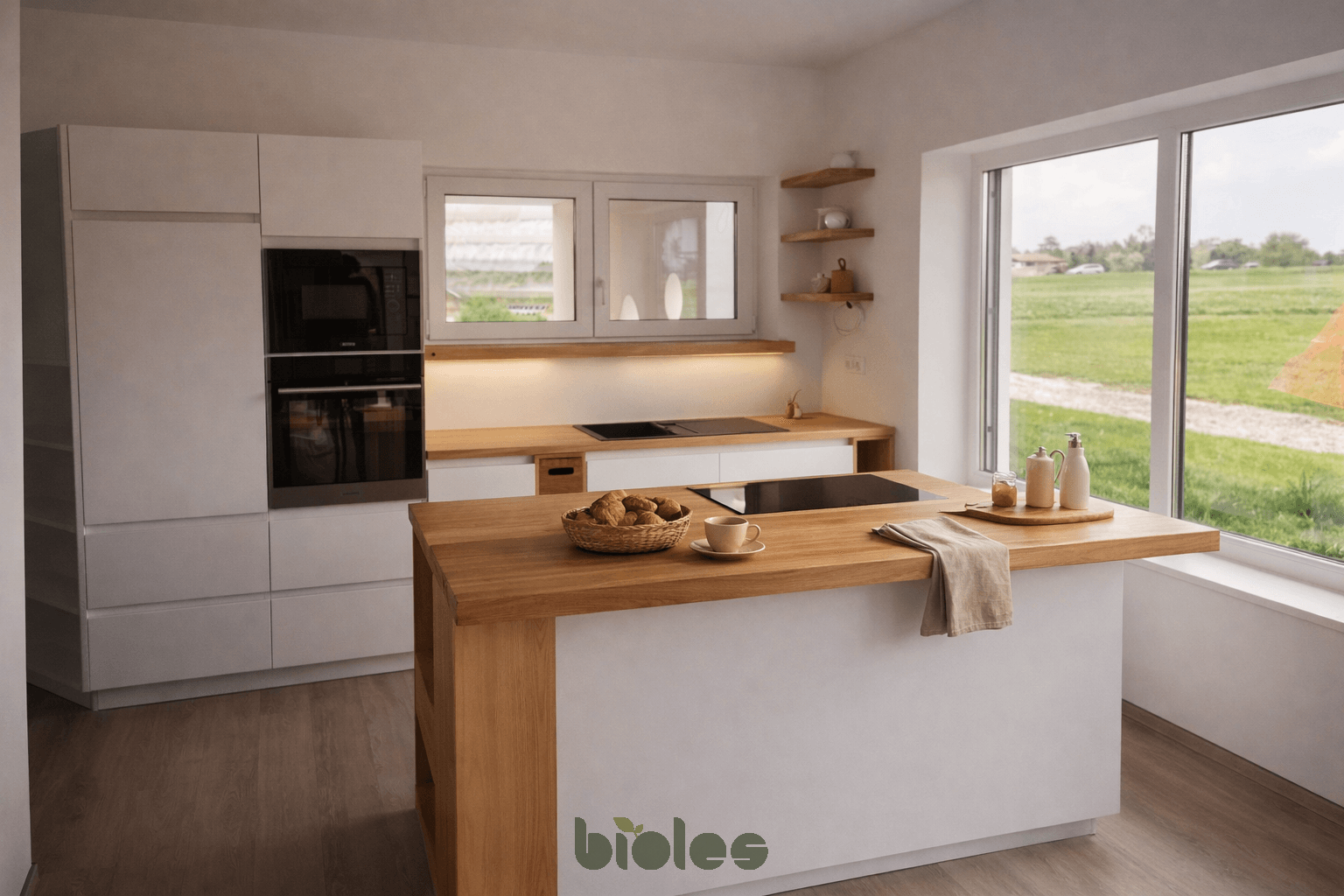 Kuhinja - hrastve bele fronte z masivnimi delovnimi pulti