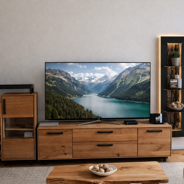 Masiven hrastov dnevni sestav – vinski regal, TV lowboard in stenske police z lubjem