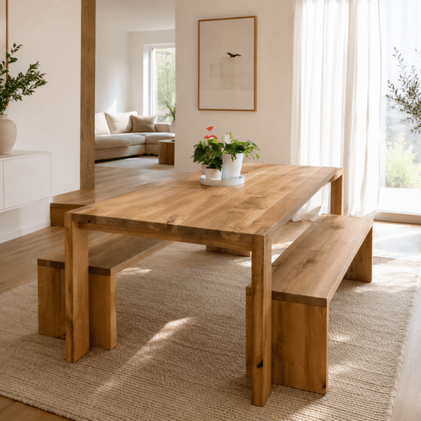 SAGA - hrastova jedilna miza z dvema klopema – 240 × 100 cm