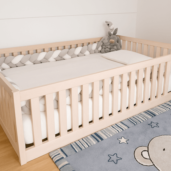 Popolna postelja za vašega malčka – ročno izdelana iz naravnega, beljenega lesa jelše, po načelih Montessori pedagogike. Nizka konstrukcija omogoča otroku, da samostojno zleze v posteljo in iz nje, kar spodbuja občutek samostojnosti in varnosti.