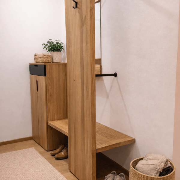 Hrastova predsoba z masivno klopjo, ogledalom in obešalnim delom – 170 × 40 × 200 cm